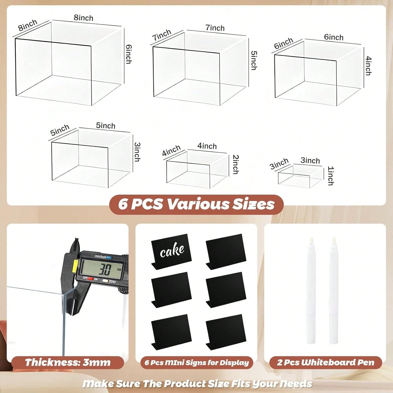 Clear Acrylic Buffet Risers Set of 6 with Mini Sign Holders, Food & Dessert Display Stands for Buffet Tables, Catering Events, Weddings, Parties and Retail Displays