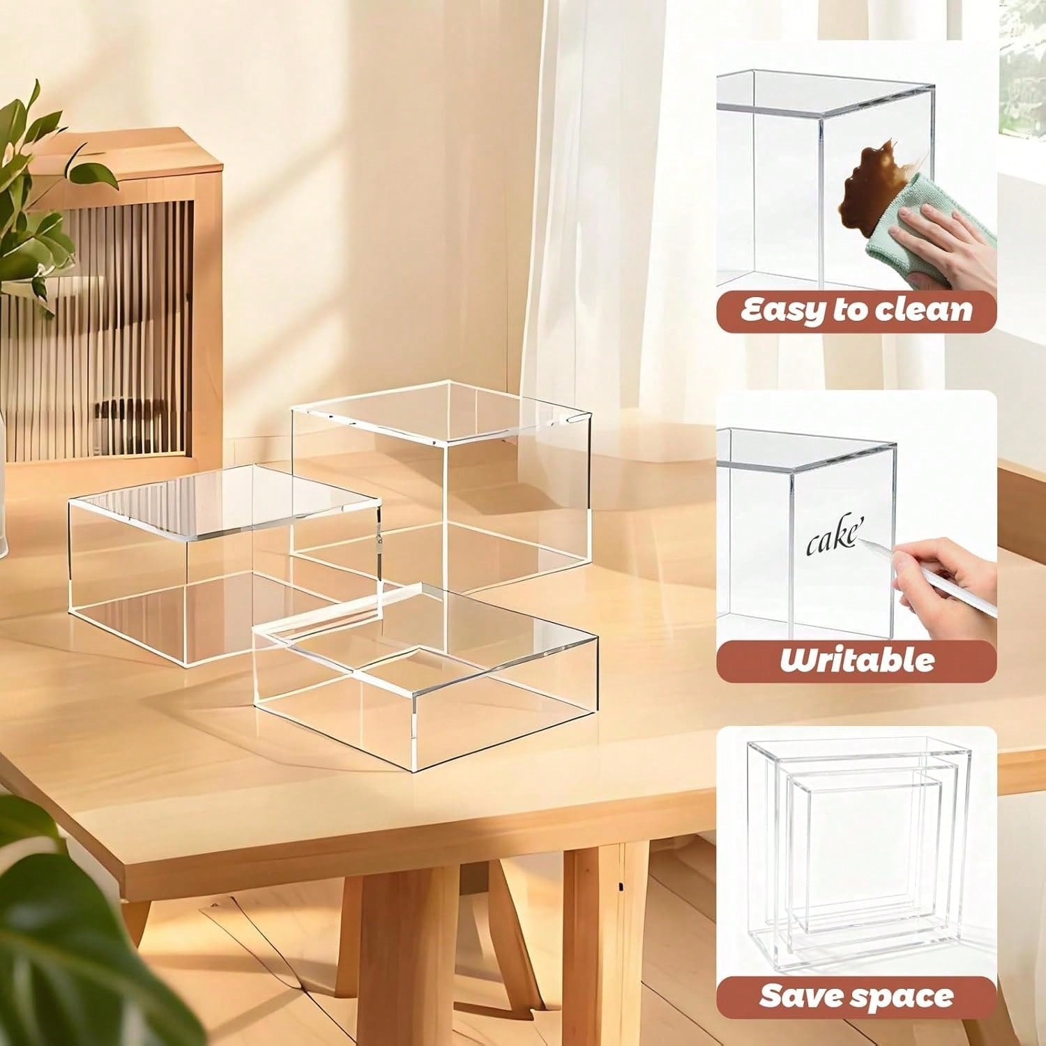 Clear Acrylic Buffet Risers Set of 6 with Mini Sign Holders, Food & Dessert Display Stands for Buffet Tables, Catering Events, Weddings, Parties and Retail Displays
