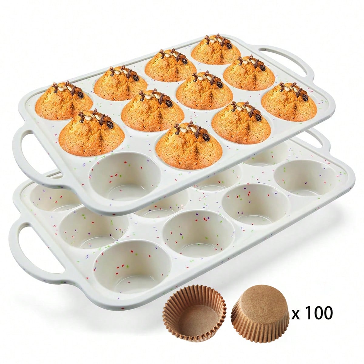 2-Pack Silicone Muffin Pan Set with 100 Paper Liners – Non-Stick Cupcake Baking Mold with Metal Reinforced Frame for Easy Release