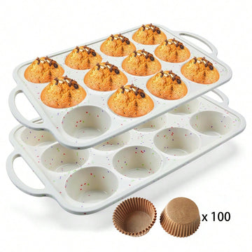 2-Pack Silicone Muffin Pan Set with 100 Paper Liners – Non-Stick Cupcake Baking Mold with Metal Reinforced Frame for Easy Release