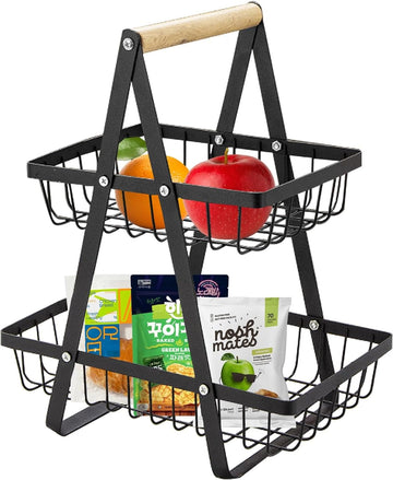 2-Tier Fruit Basket Stand for Kitchen Counter, Removable Metal Storage Basket for Fruits, Vegetables, Bread, Snacks and Pantry Organization