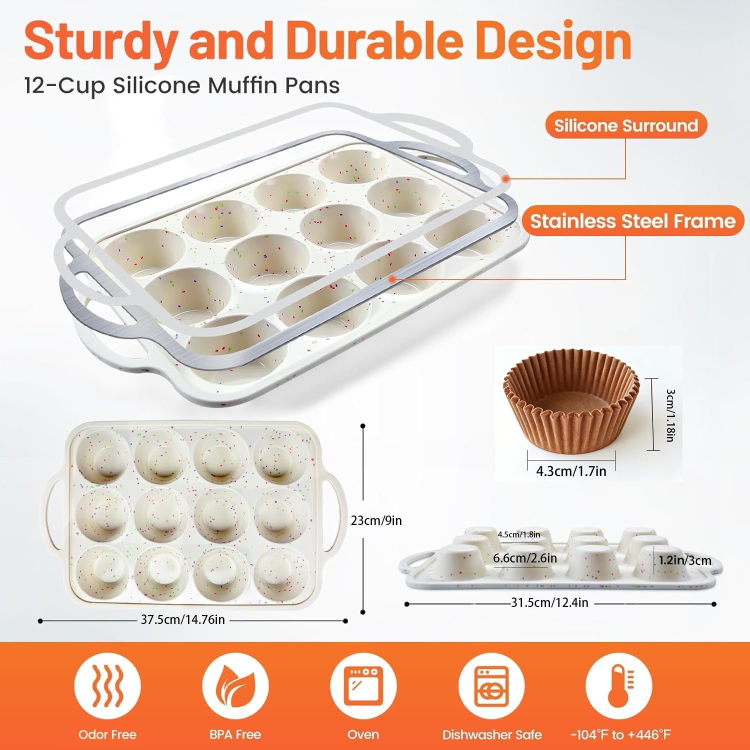 2-Pack Silicone Muffin Pan Set with 100 Paper Liners – Non-Stick Cupcake Baking Mold with Metal Reinforced Frame for Easy Release