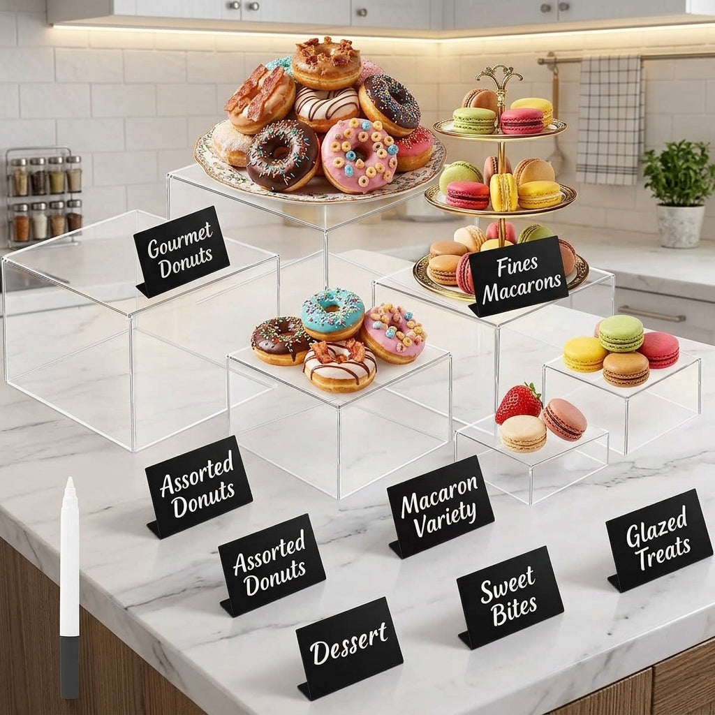 Clear Acrylic Buffet Risers Set of 6 with Mini Sign Holders, Food & Dessert Display Stands for Buffet Tables, Catering Events, Weddings, Parties and Retail Displays