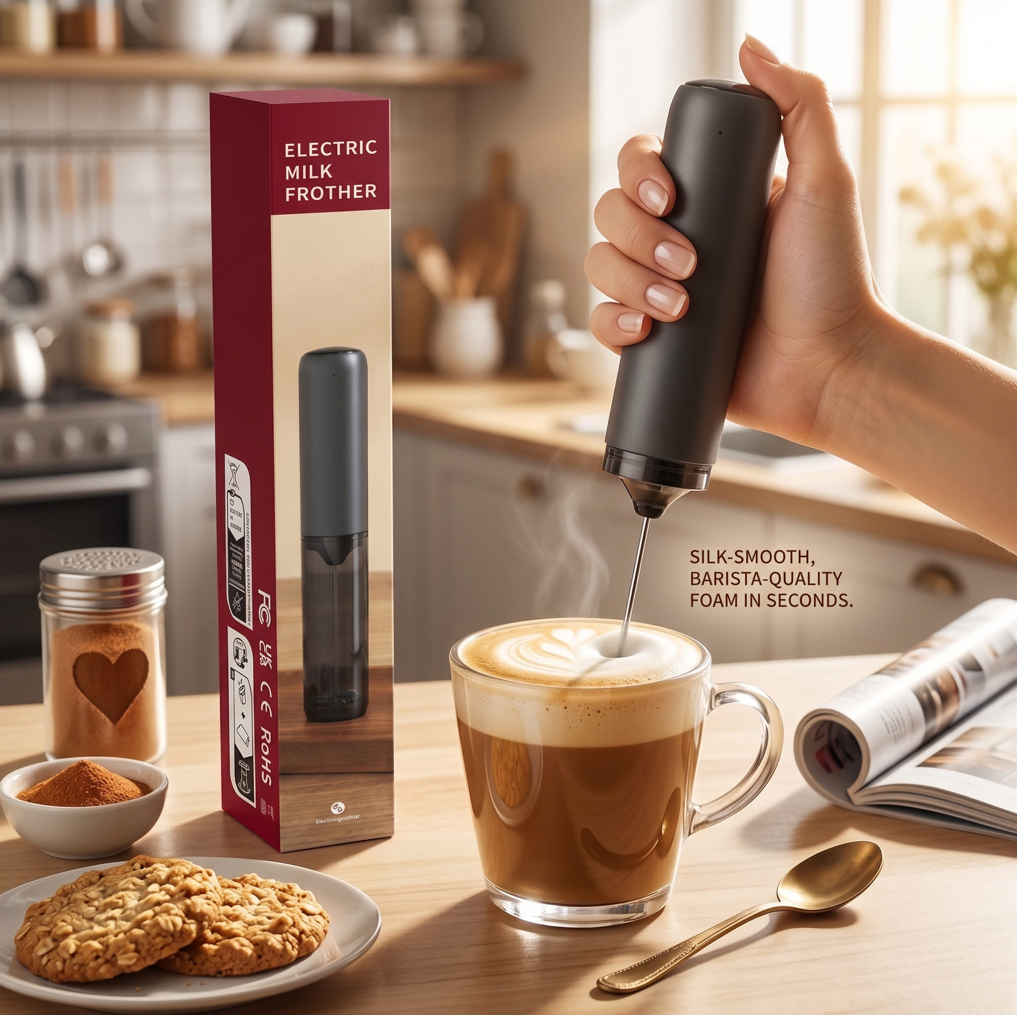Electric Milk Frother for Coffee and Lattes, Handheld Foam Maker for Cappuccino, Matcha, Hot Chocolate and Milk Drinks, Rechargeable Drink Mixer