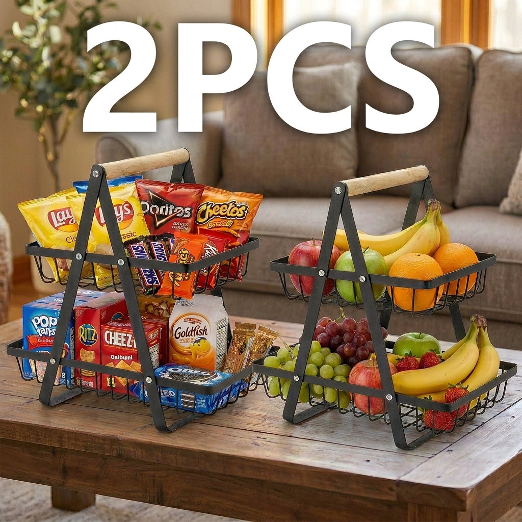2-Tier Fruit Basket Stand for Kitchen Counter, Removable Metal Storage Basket for Fruits, Vegetables, Bread, Snacks and Pantry Organization