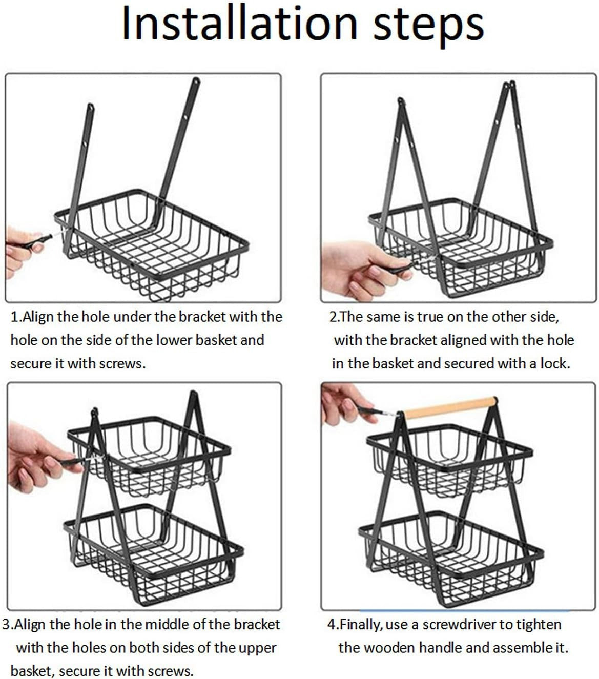 2-Tier Fruit Basket Stand for Kitchen Counter, Removable Metal Storage Basket for Fruits, Vegetables, Bread, Snacks and Pantry Organization