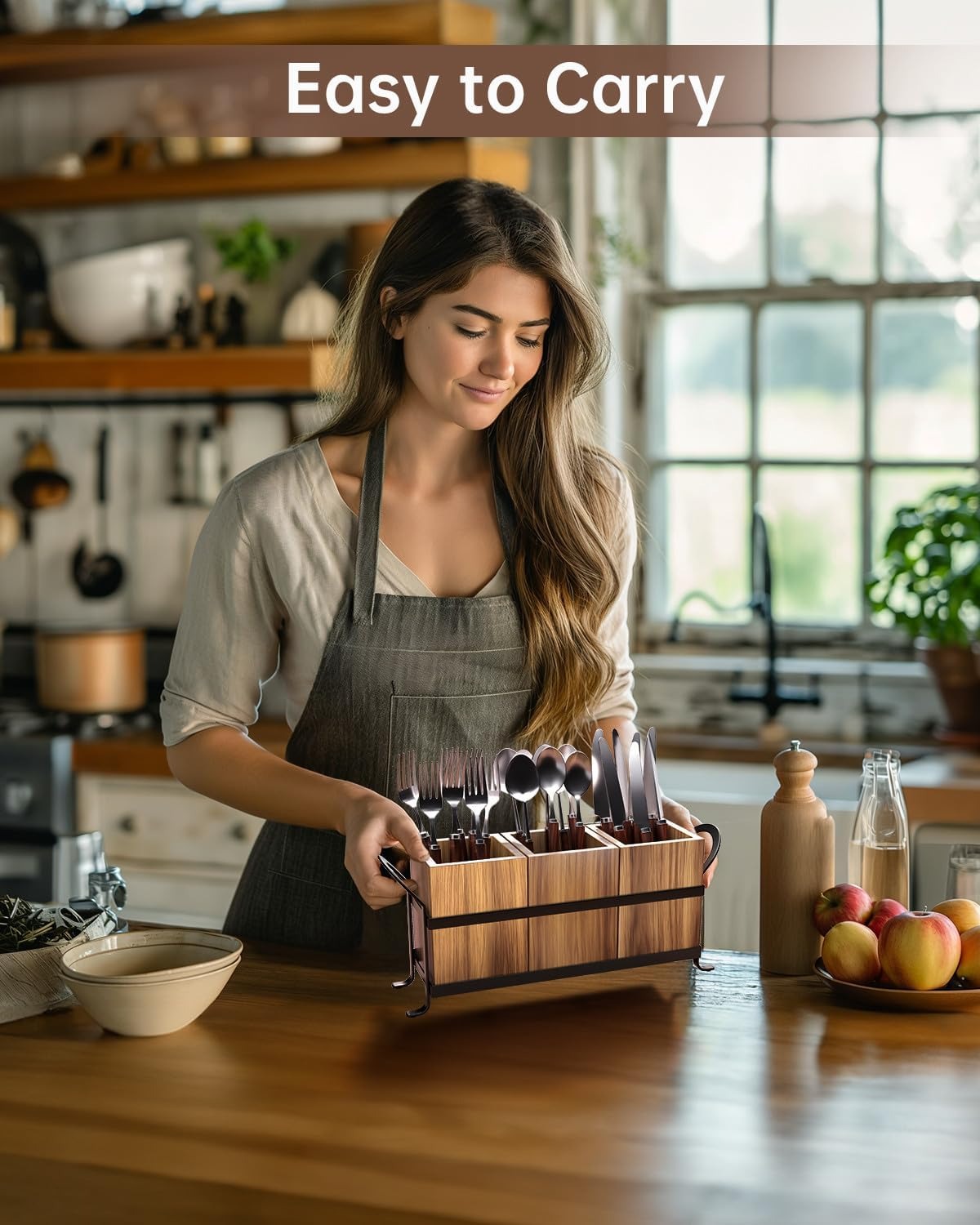 Wooden tabletop cutlery storage rack