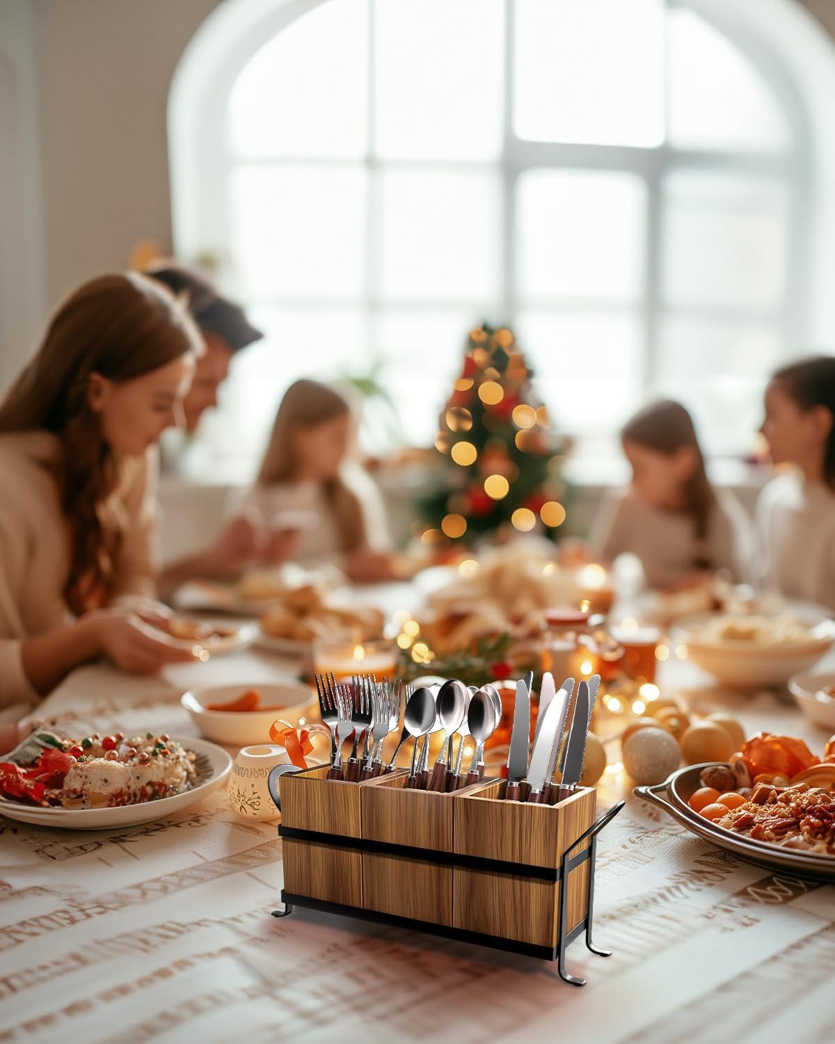 Wooden tabletop cutlery storage rack