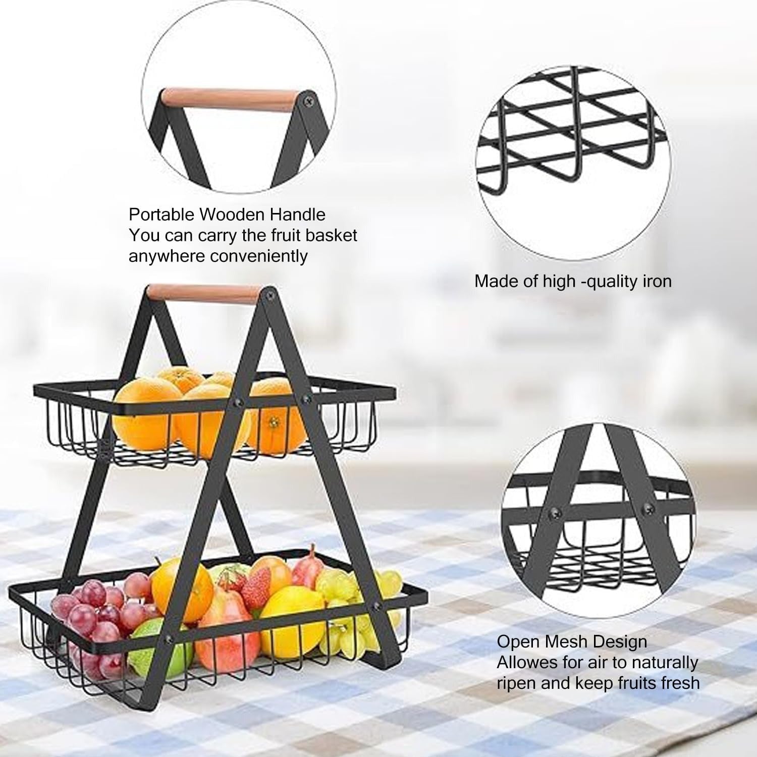 2-Tier Fruit Basket Stand for Kitchen Counter, Removable Metal Storage Basket for Fruits, Vegetables, Bread, Snacks and Pantry Organization