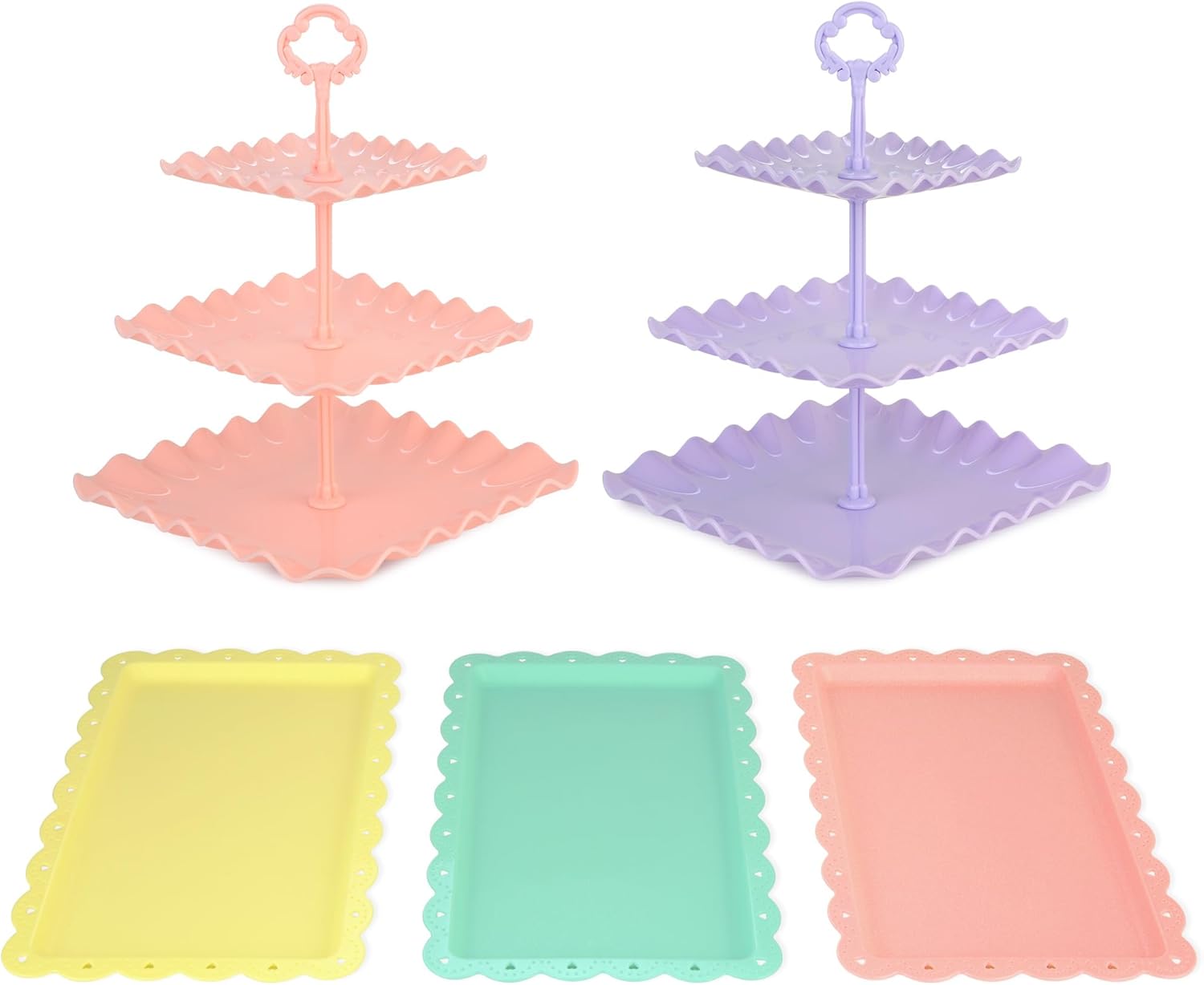 NWK 5 Piece Cake Stand Set with 2 x Large 3-Tier Cupcake Stands, 3 x Appetizer Trays, for Wedding Birthday Baby Shower Tea Party Decorations (Pink)