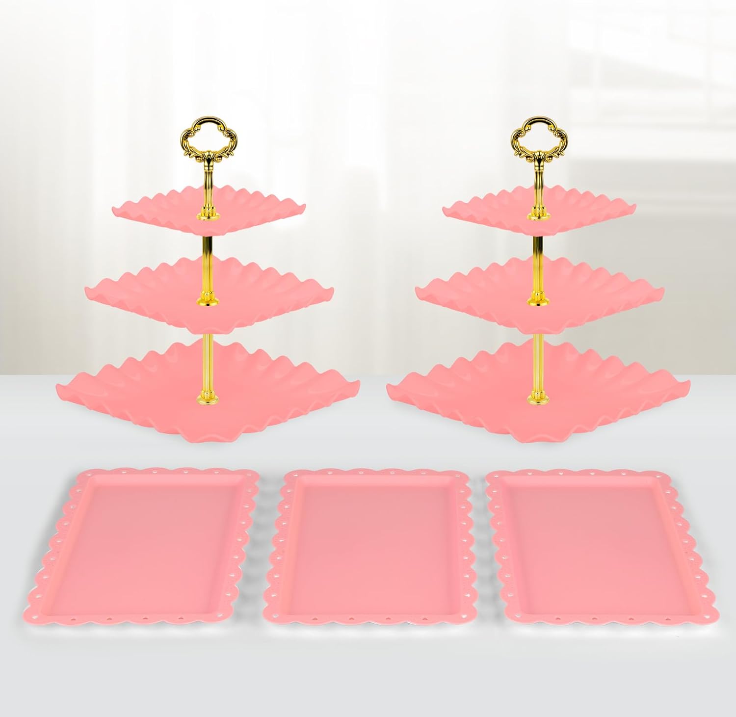 NWK 5 Piece Cake Stand Set with 2 x Large 3-Tier Cupcake Stands, 3 x Appetizer Trays, for Wedding Birthday Baby Shower Tea Party Decorations (Pink)