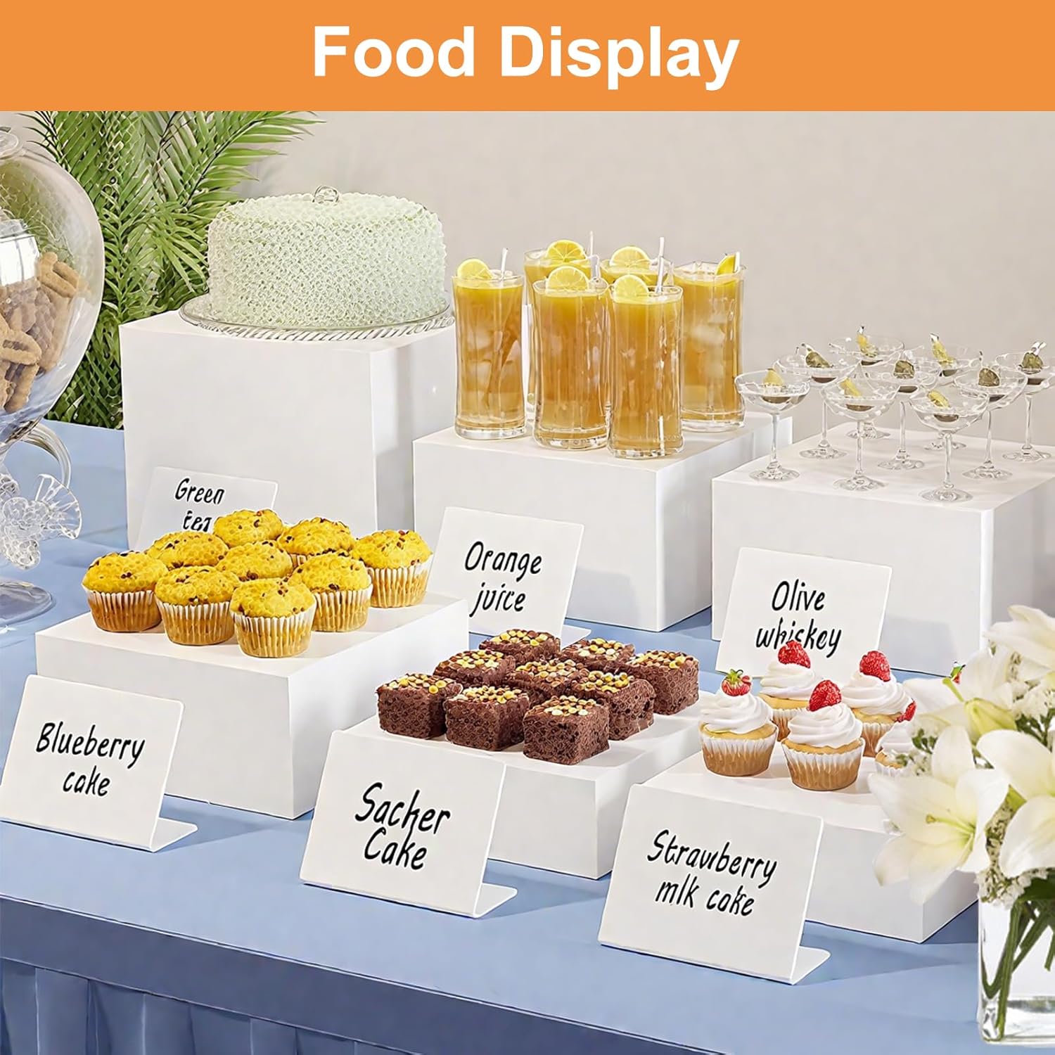 6 Pcs White Buffet Risers with Mini Signs, Food Risers for Buffet Table, Acrylic Risers Display Stand for Party Weddings Dessert, Acrylic Cube Boxes Nesting Risers Display (5",6",7",8",9",10")
