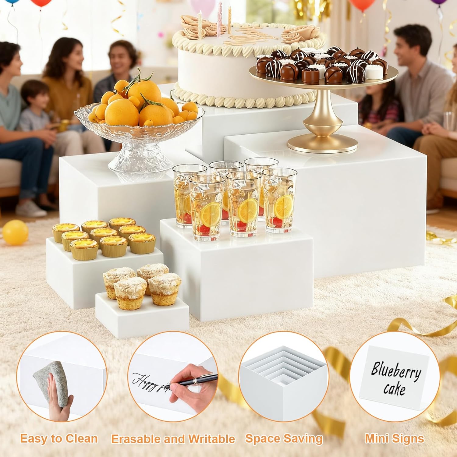 6 Pcs White Buffet Risers with Mini Signs, Food Risers for Buffet Table, Acrylic Risers Display Stand for Party Weddings Dessert, Acrylic Cube Boxes Nesting Risers Display (5",6",7",8",9",10")