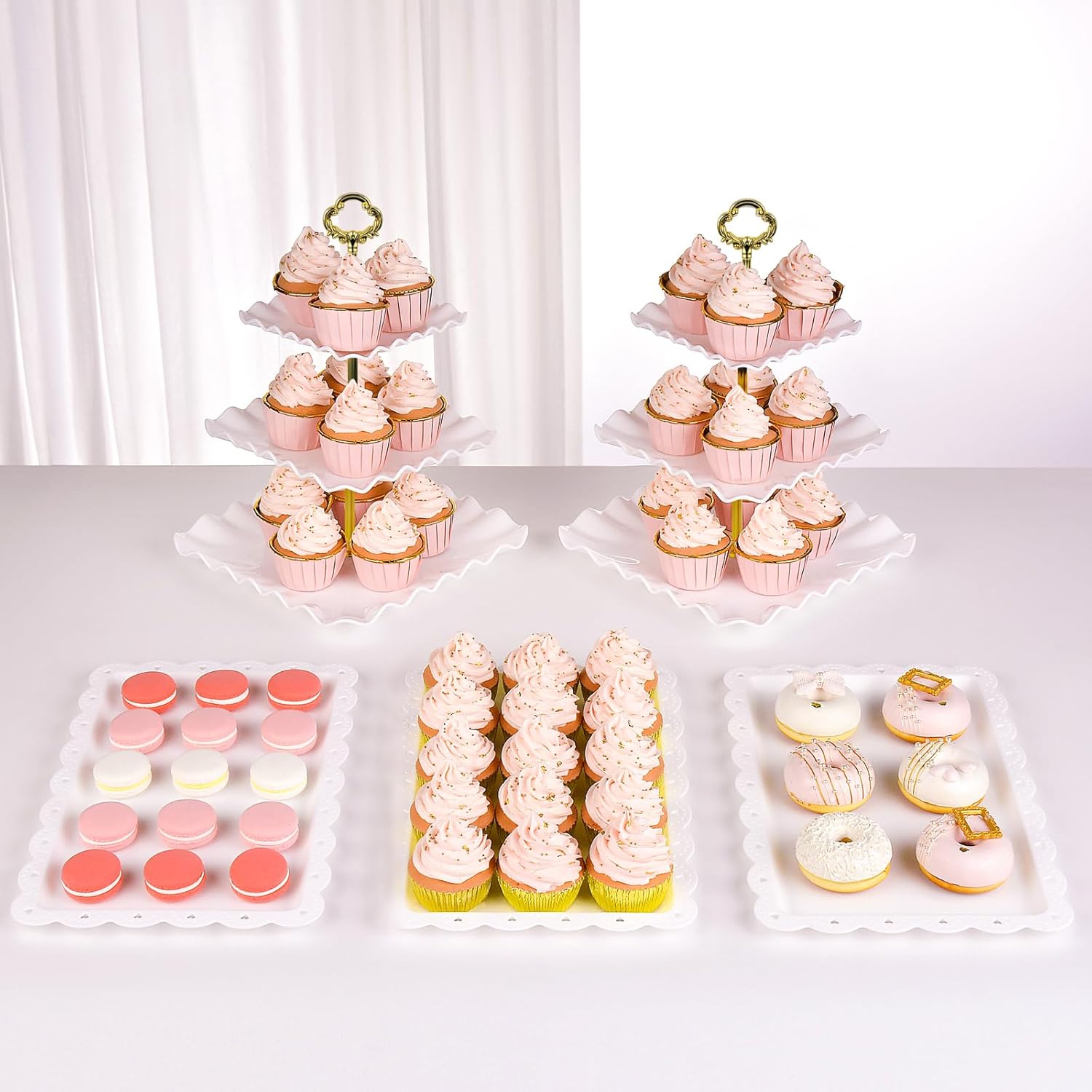 NWK 5 Piece Cake Stand Set with 2 x Large 3-Tier Cupcake Stands, 3 x Appetizer Trays, for Wedding Birthday Baby Shower Tea Party Decorations (Pink)