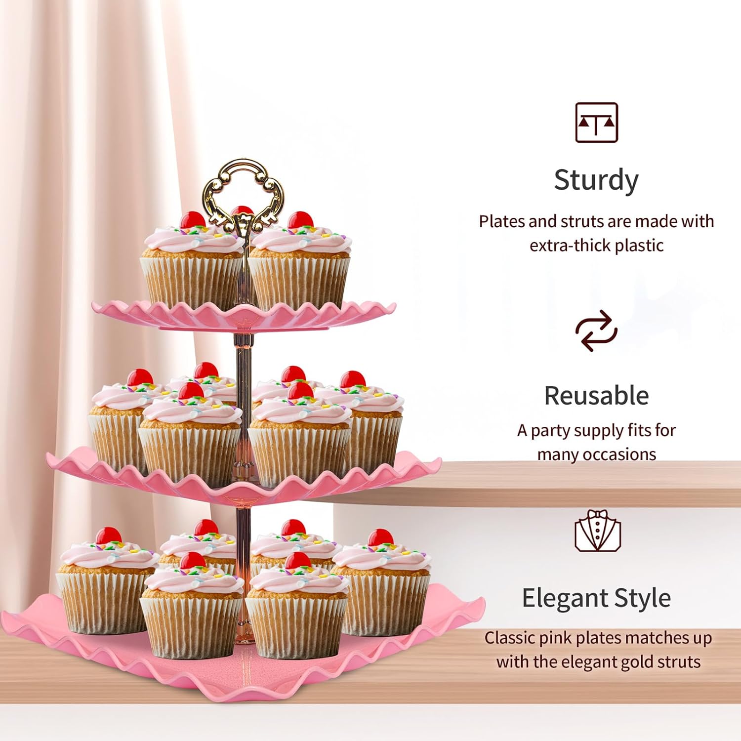 NWK 5 Piece Cake Stand Set with 2 x Large 3-Tier Cupcake Stands, 3 x Appetizer Trays, for Wedding Birthday Baby Shower Tea Party Decorations (Pink)