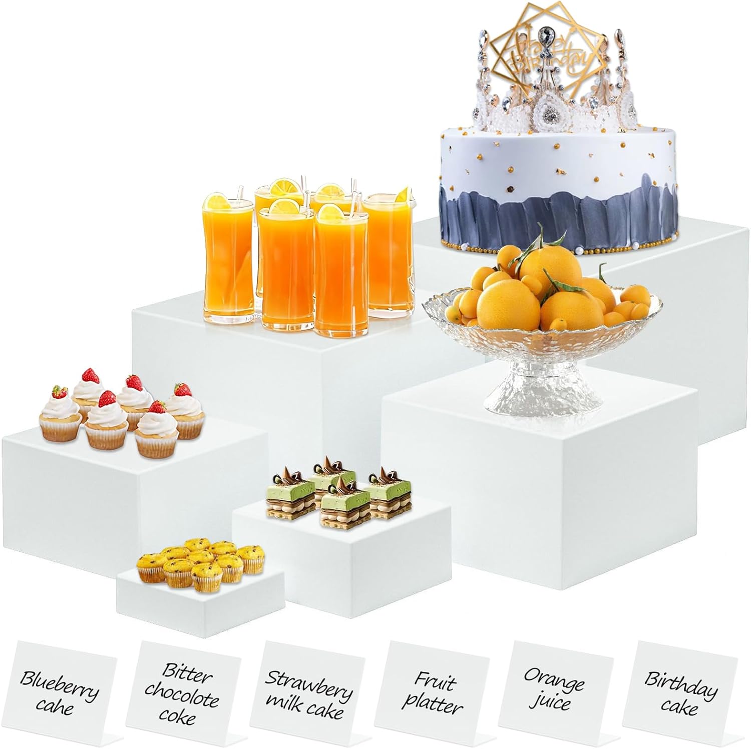 6 Pcs White Buffet Risers with Mini Signs, Food Risers for Buffet Table, Acrylic Risers Display Stand for Party Weddings Dessert, Acrylic Cube Boxes Nesting Risers Display (5",6",7",8",9",10")