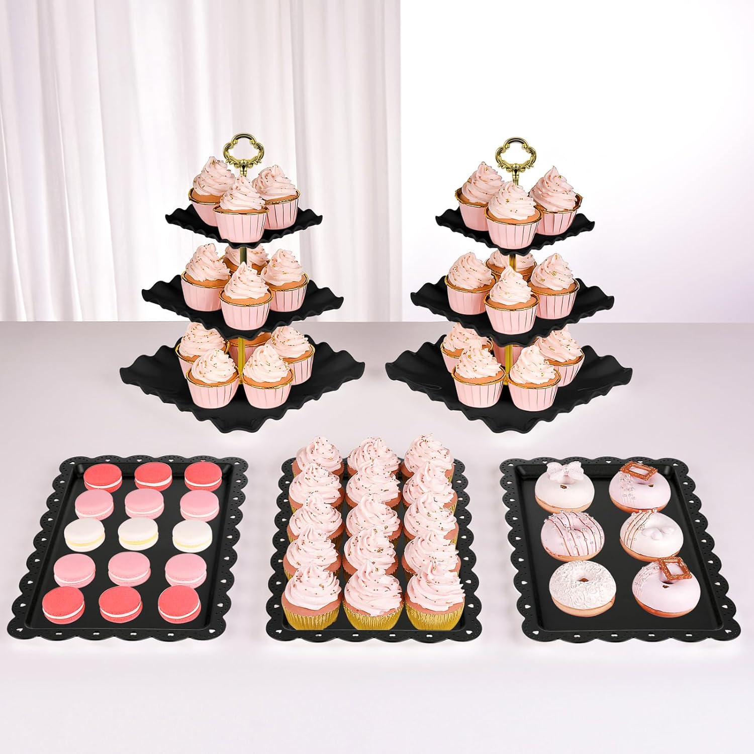 NWK 5 Piece Cake Stand Set with 2 x Large 3-Tier Cupcake Stands, 3 x Appetizer Trays, for Wedding Birthday Baby Shower Tea Party Decorations (Pink)