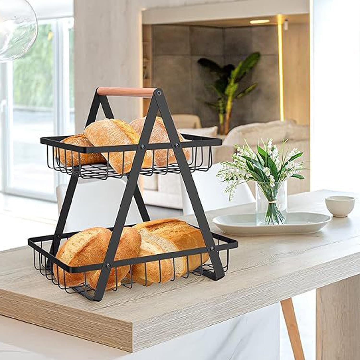 2-Tier Fruit Basket Stand for Kitchen Counter, Removable Metal Storage Basket for Fruits, Vegetables, Bread, Snacks and Pantry Organization