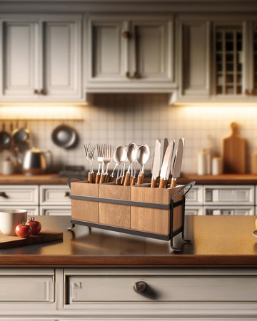 Wooden tabletop cutlery storage rack