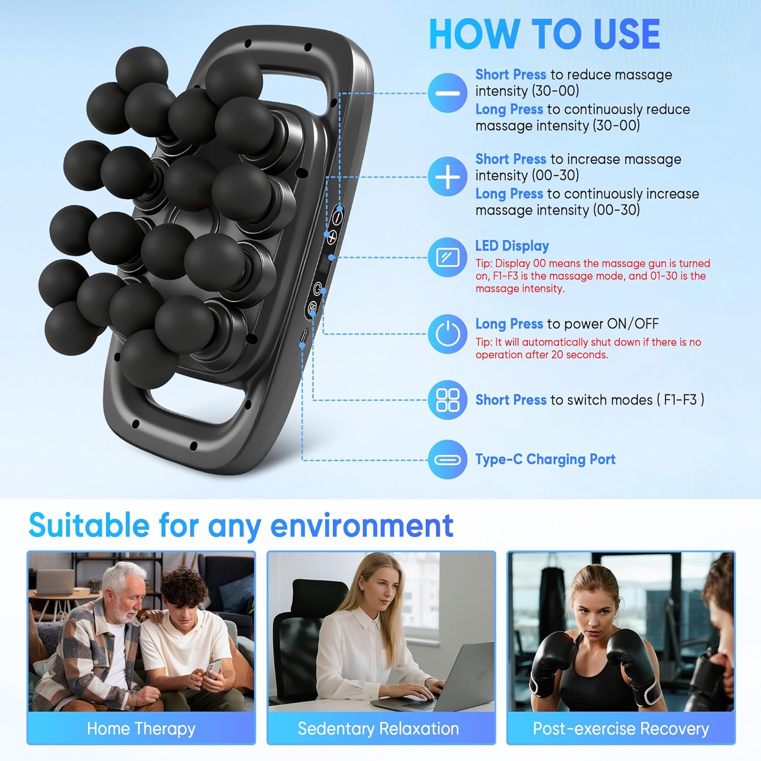Deep Tissue Massage Gun with 20 Attachments – 30 Speed Levels for Muscle Recovery, Pain Relief & Full Body Relaxation