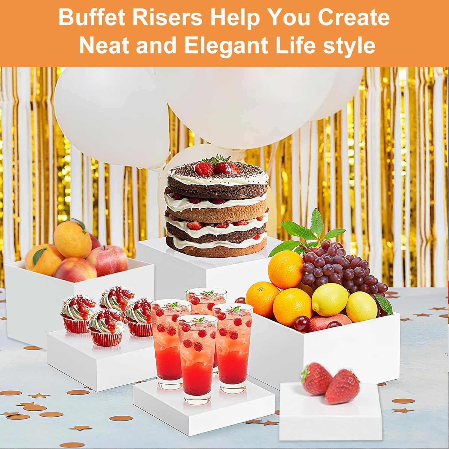 6 Pcs White Buffet Risers with Mini Signs, Food Risers for Buffet Table, Acrylic Risers Display Stand for Party Weddings Dessert, Acrylic Cube Boxes Nesting Risers Display (5",6",7",8",9",10")