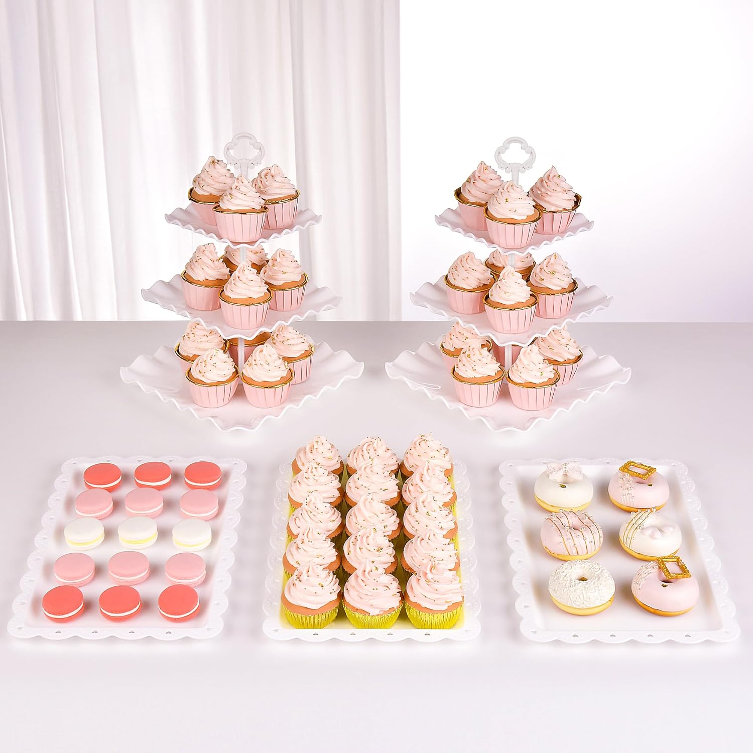 NWK 5 Piece Cake Stand Set with 2 x Large 3-Tier Cupcake Stands, 3 x Appetizer Trays, for Wedding Birthday Baby Shower Tea Party Decorations (Pink)