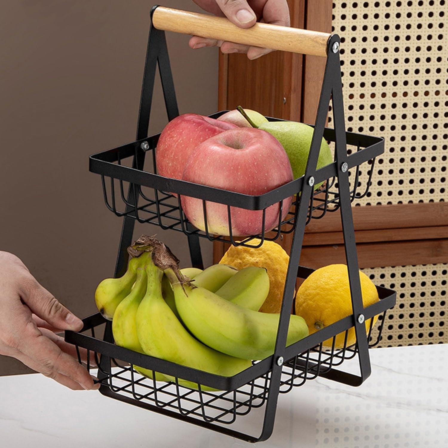 2-Tier Fruit Basket Stand for Kitchen Counter, Removable Metal Storage Basket for Fruits, Vegetables, Bread, Snacks and Pantry Organization