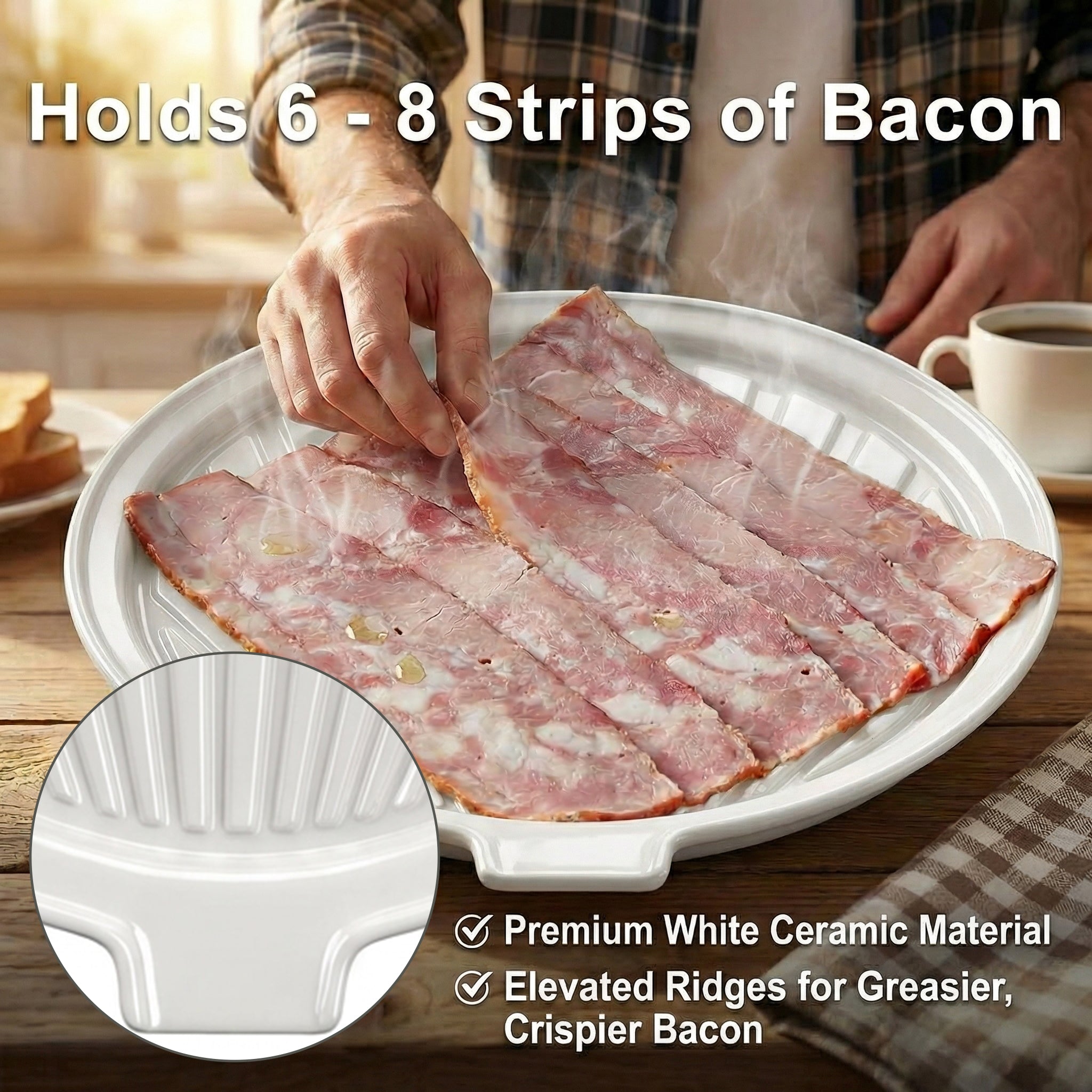 ONEMORE Microwave Bacon Tray Ceramic Bacon Cooker Meat Rack for Oven Cooking Crispy Bacon Maker - 11 inch Round Bacon Dish Plate, White