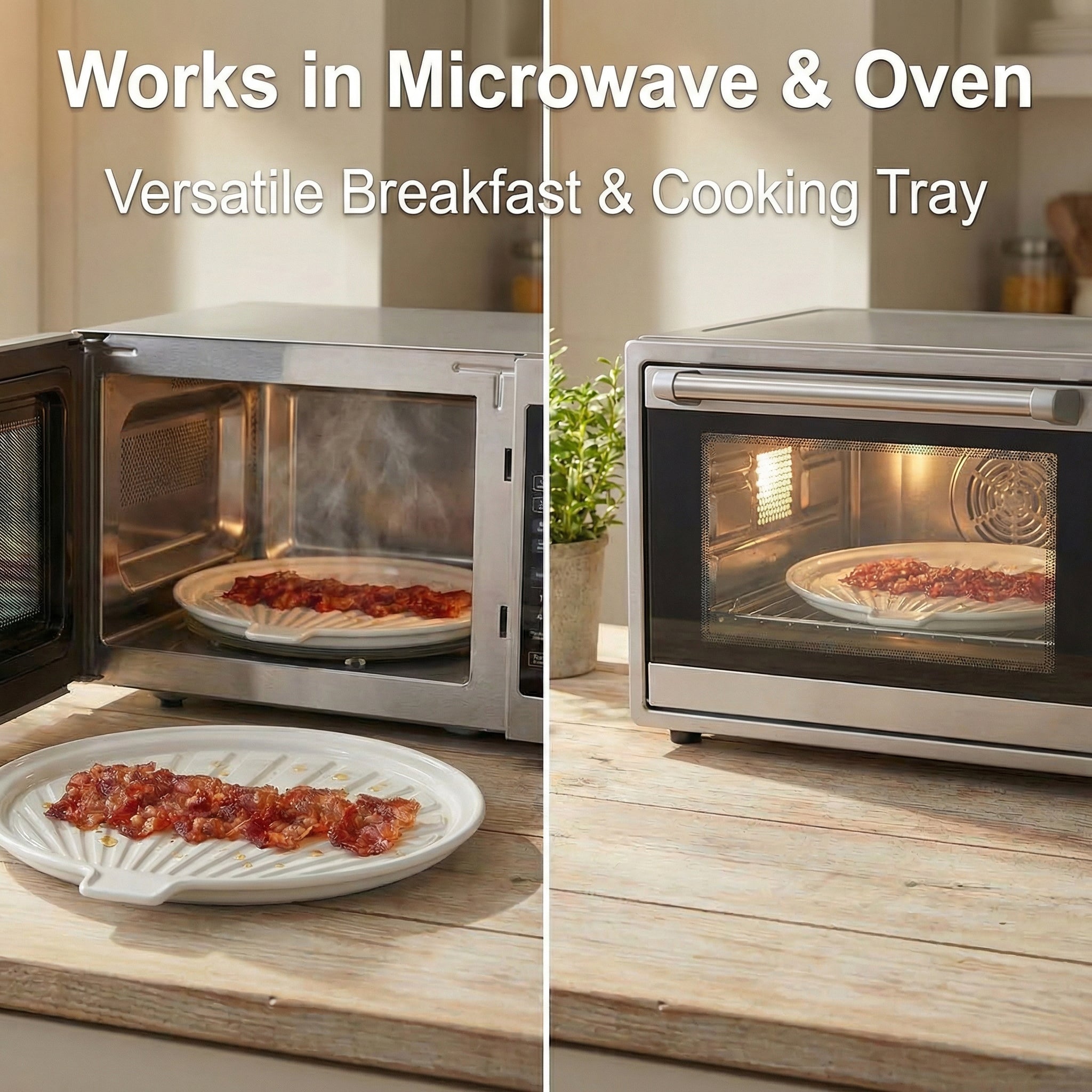 ONEMORE Microwave Bacon Tray Ceramic Bacon Cooker Meat Rack for Oven Cooking Crispy Bacon Maker - 11 inch Round Bacon Dish Plate, White