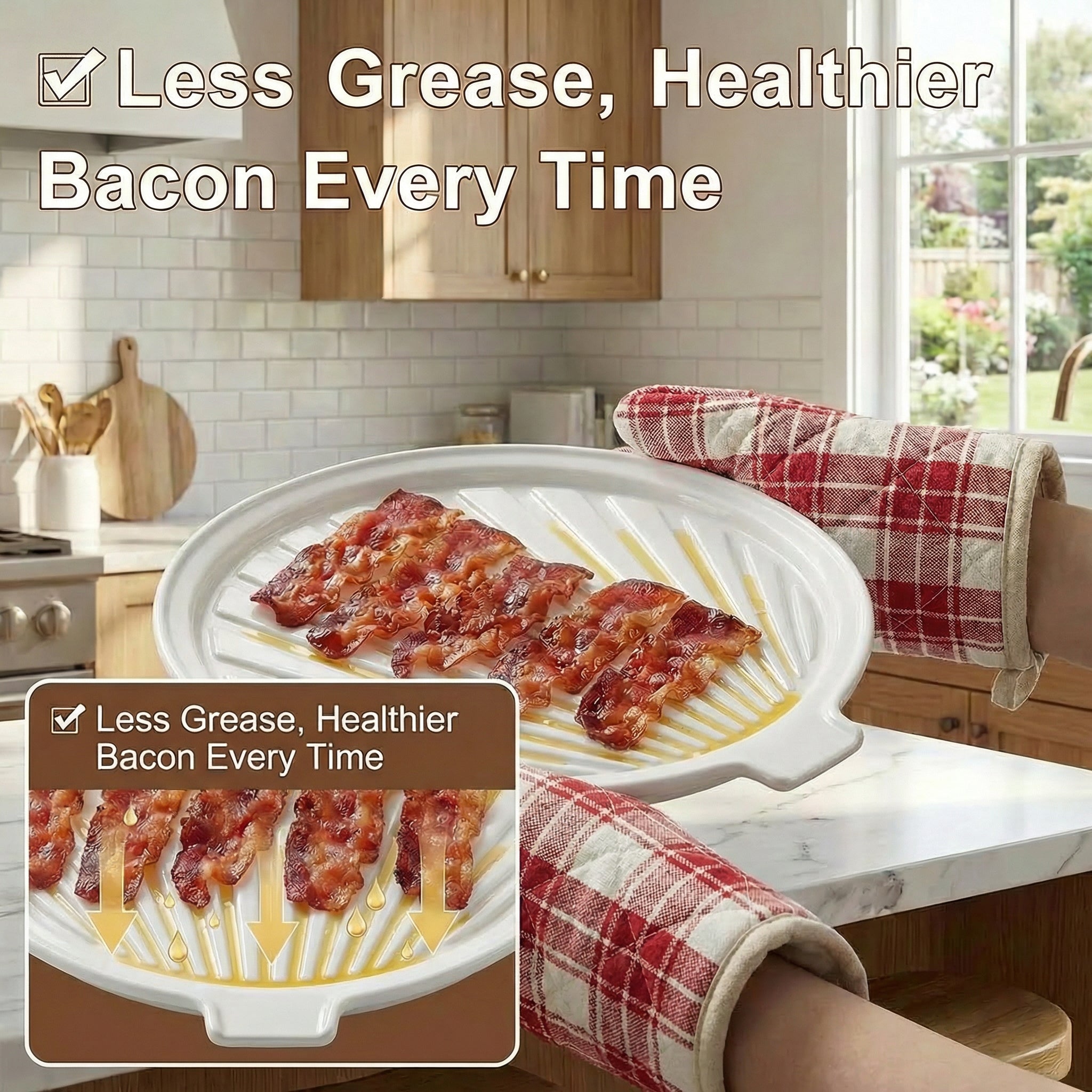 ONEMORE Microwave Bacon Tray Ceramic Bacon Cooker Meat Rack for Oven Cooking Crispy Bacon Maker - 11 inch Round Bacon Dish Plate, White
