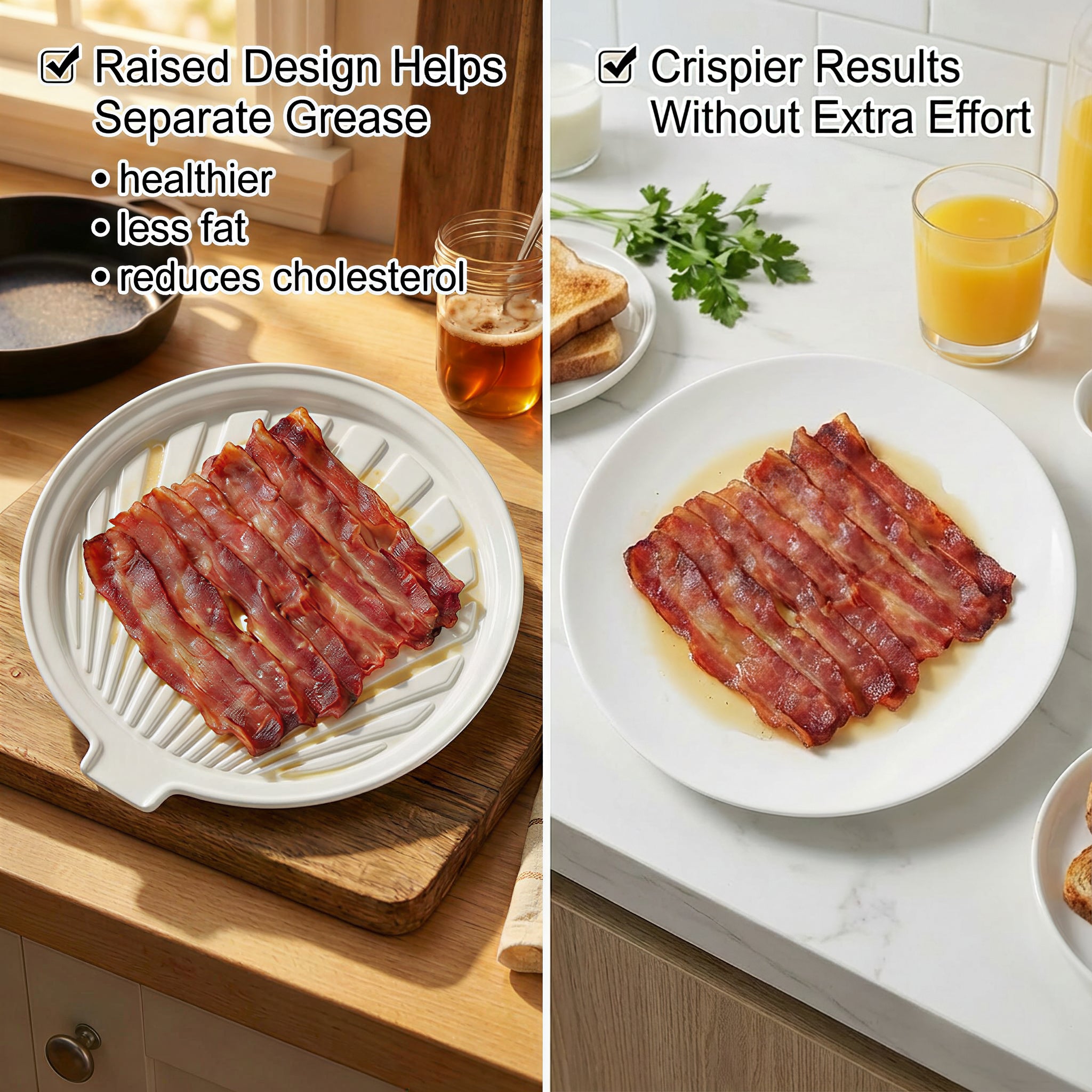 ONEMORE Microwave Bacon Tray Ceramic Bacon Cooker Meat Rack for Oven Cooking Crispy Bacon Maker - 11 inch Round Bacon Dish Plate, White