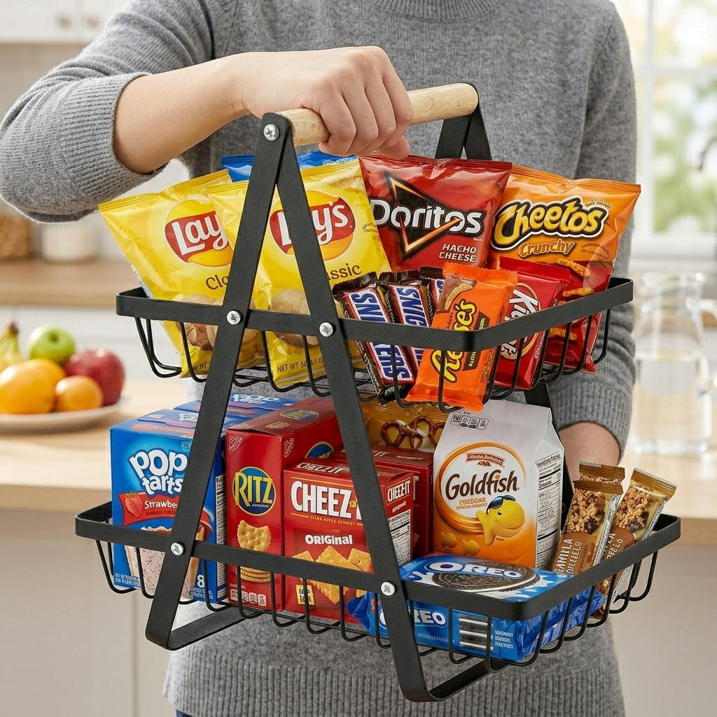 2-Tier Fruit Basket Stand for Kitchen Counter, Removable Metal Storage Basket for Fruits, Vegetables, Bread, Snacks and Pantry Organization