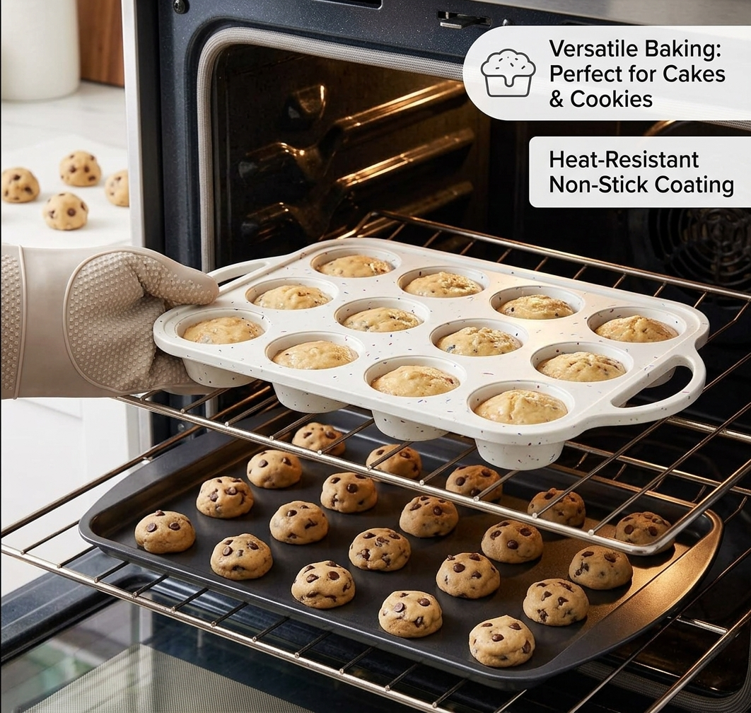 2-Pack Silicone Muffin Pan Set with 100 Paper Liners – Non-Stick Cupcake Baking Mold with Metal Reinforced Frame for Easy Release
